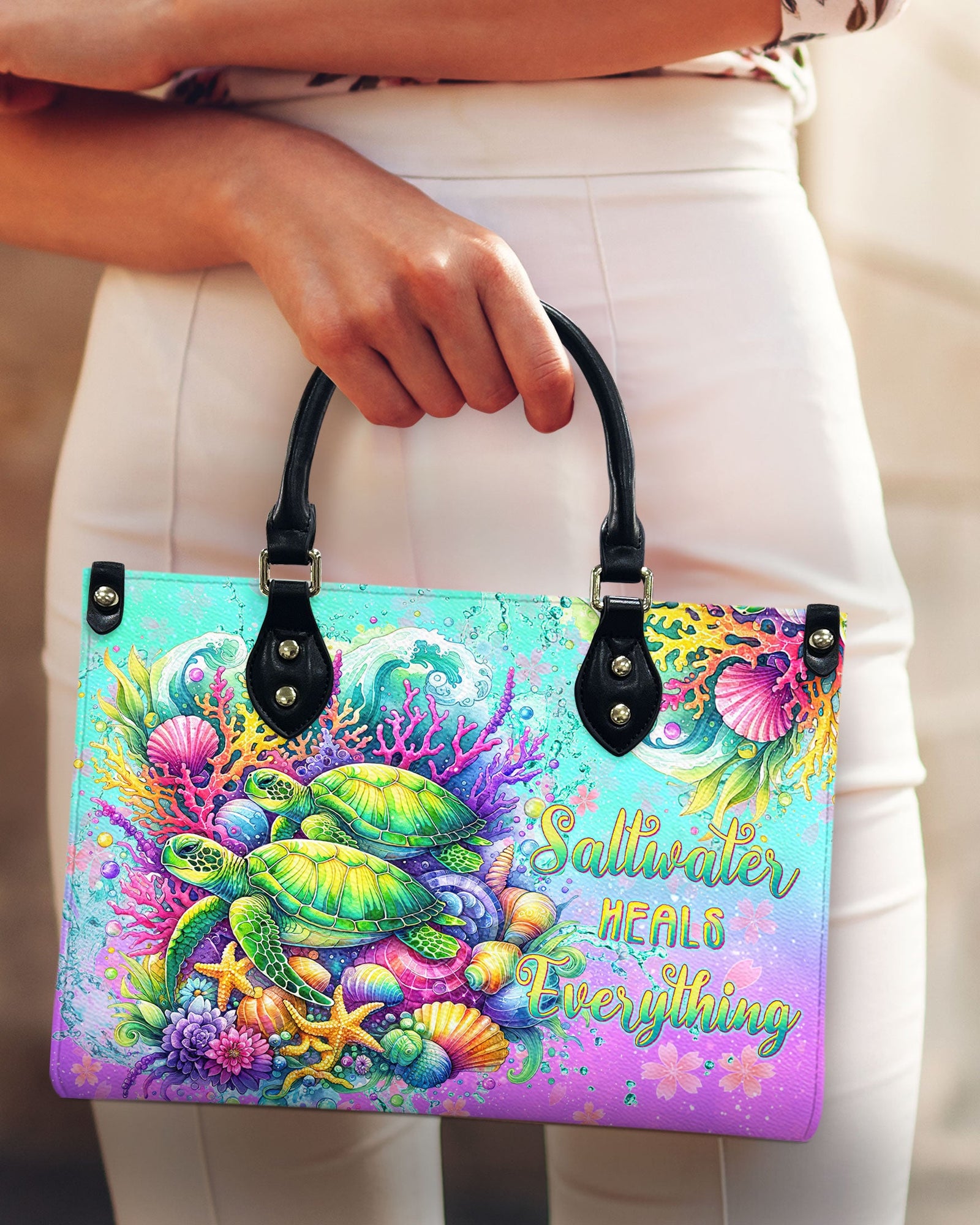 BLISSCORNERS SALTWATER HEALS EVERYTHING TURTLE LEATHER HANDBAG