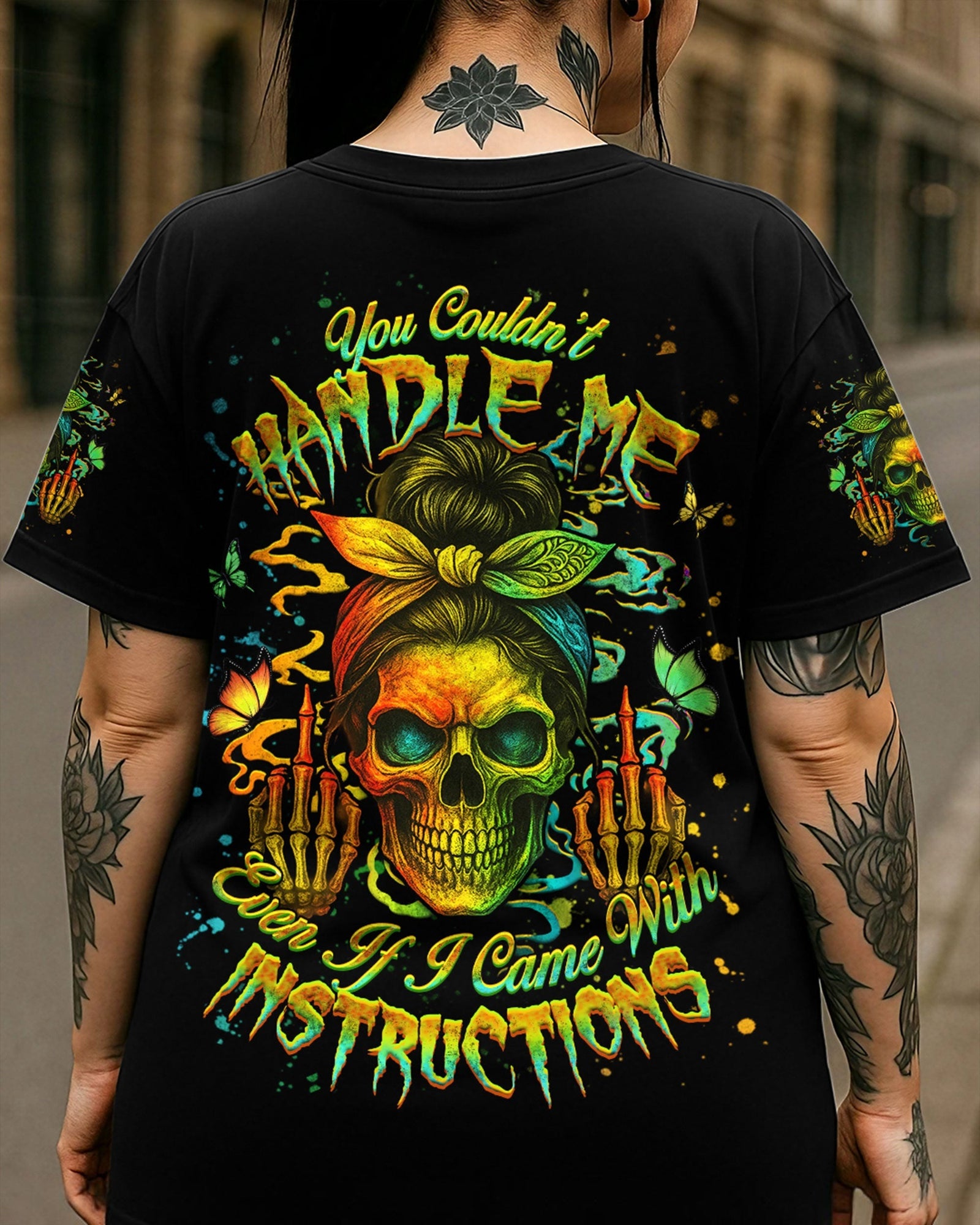 BLISSCORNERS THE GOOD GIRL IN ME SKULL LADY MESSY BUN   ALL OVER PRINT
