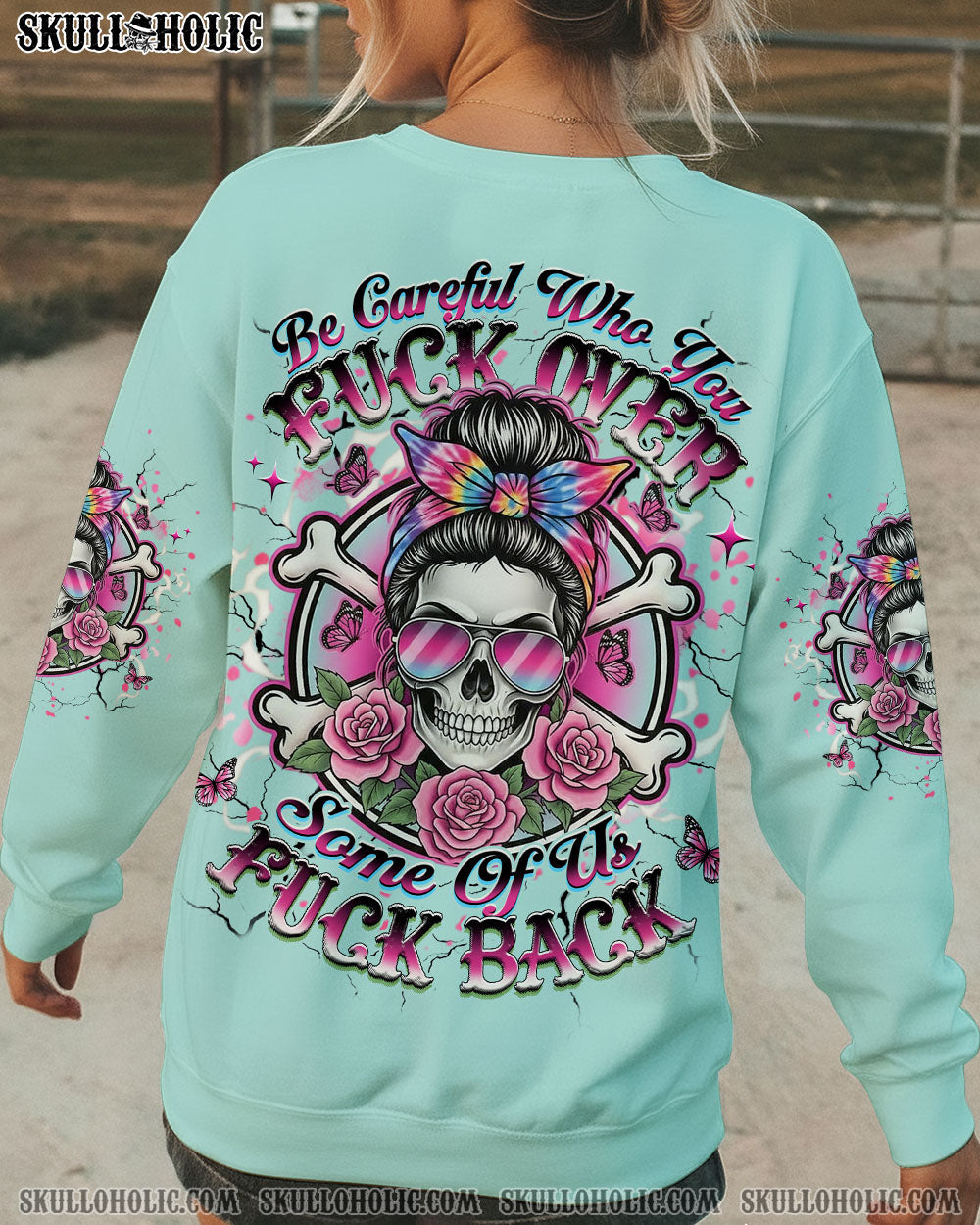 BLISSCORNERS NO ONE IS HARDER ON ME THAN ME MESSY BUN SKULL ALL OVER PRINT
