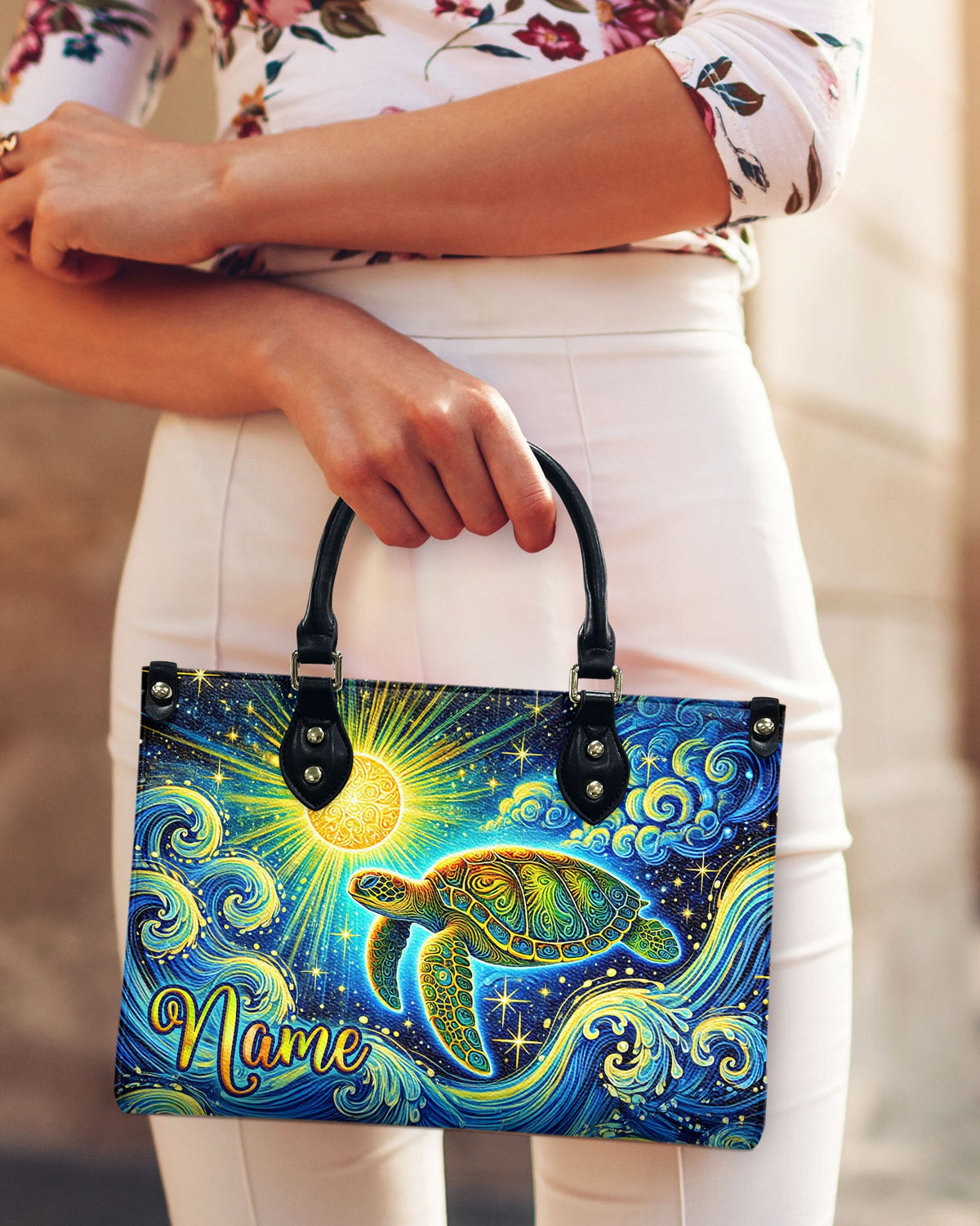 BLISSCORNERS TURTLE WAVES ART LEATHER HANDBAG