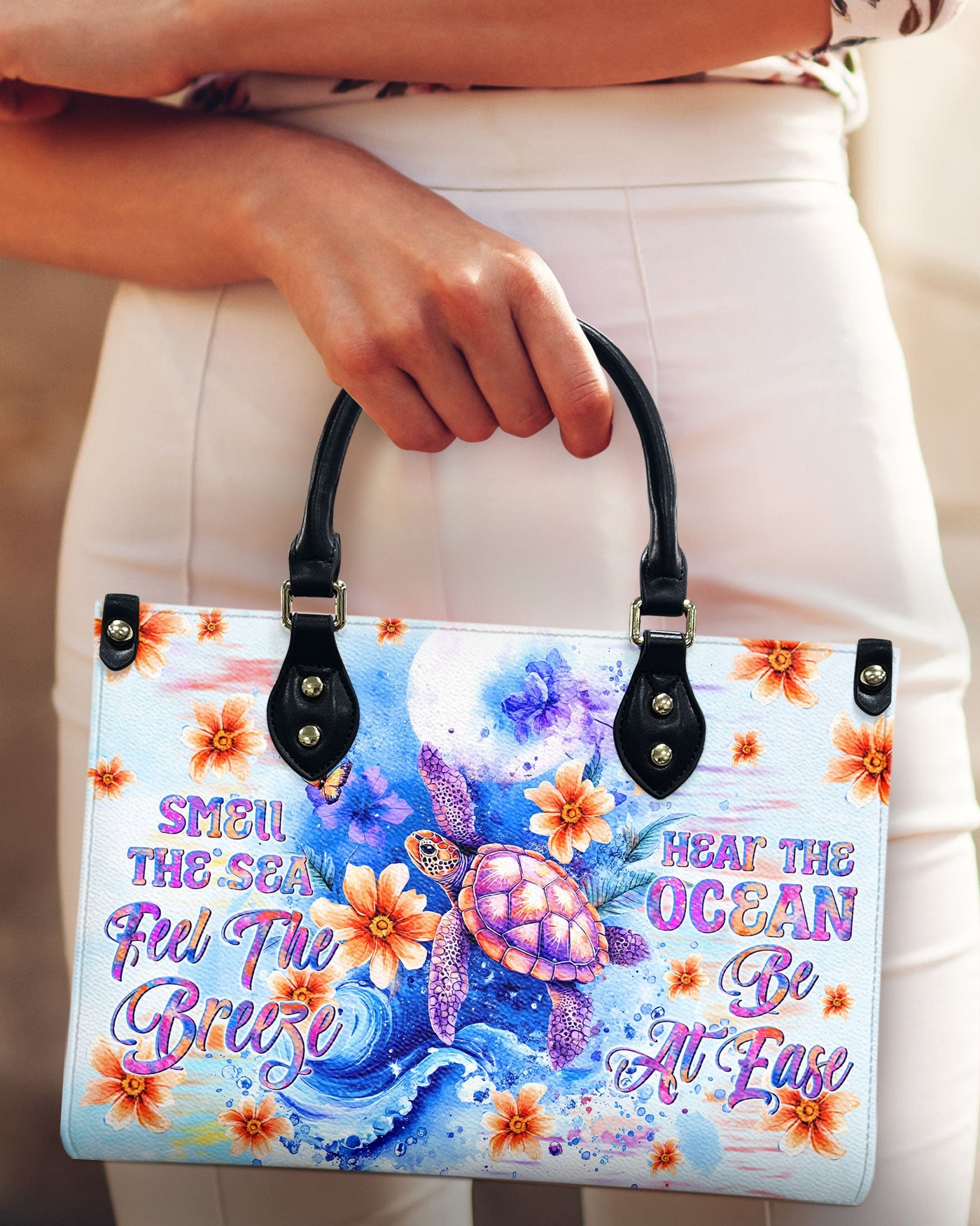 BLISSCORNERS SMELL THE SEA FEEL THE BREEZE TURTLE LEATHER HANDBAG