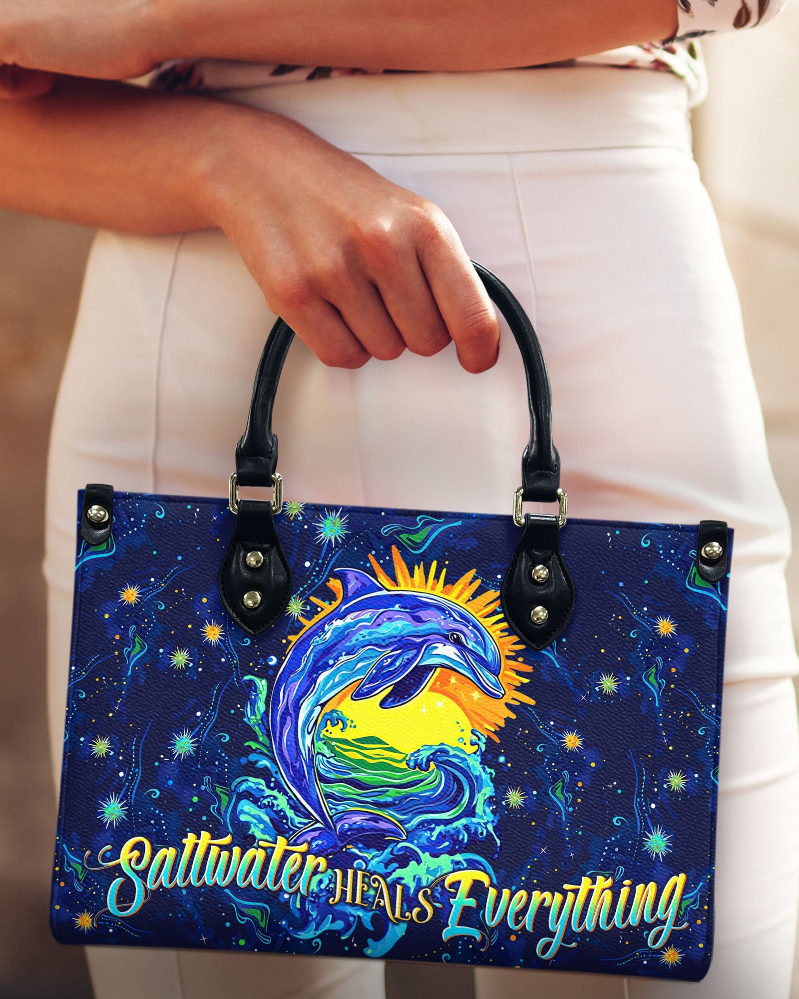 BLISSCORNERS SALTWATER HEALS EVERYTHING DOLPHIN  LEATHER HANDBAG