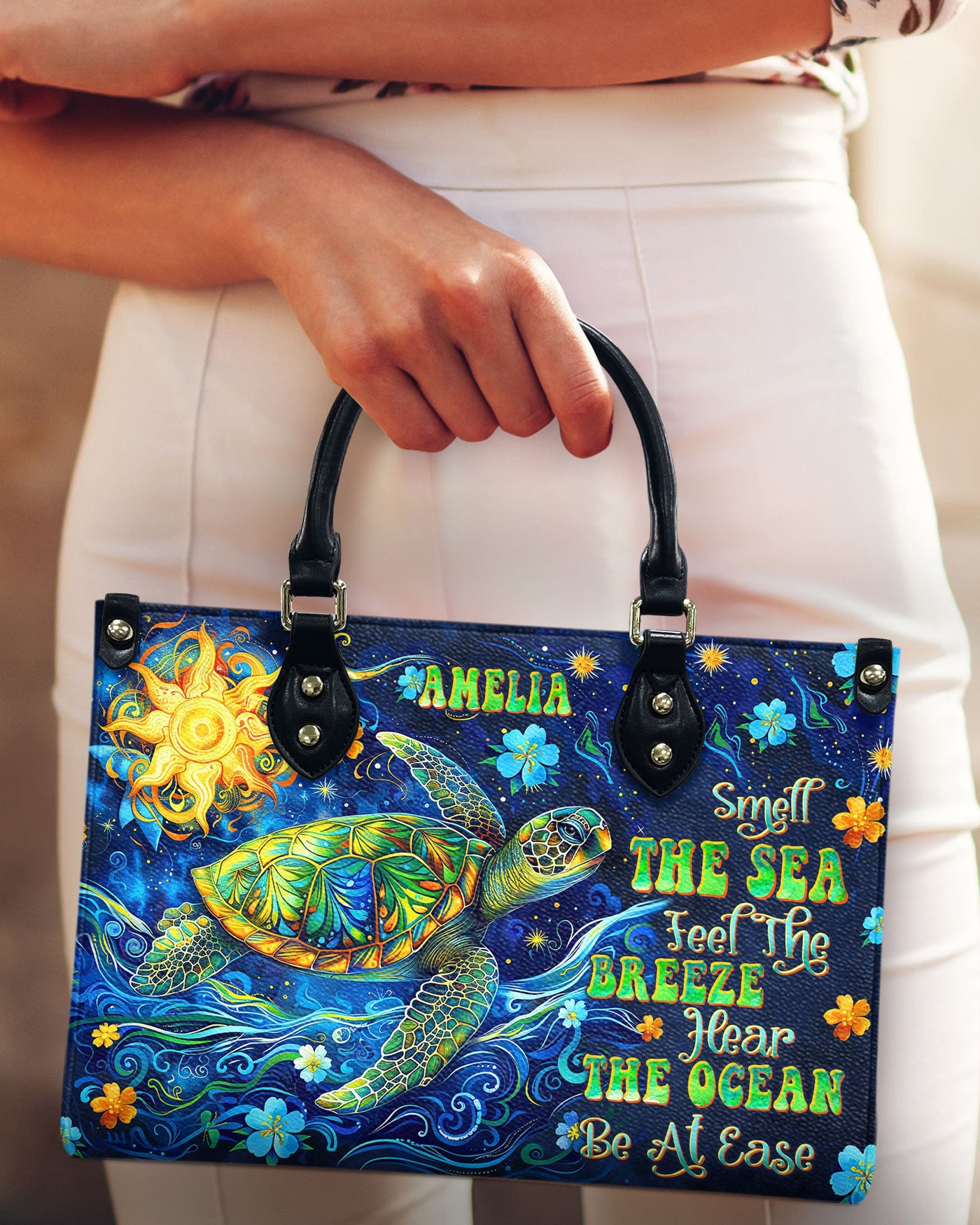 BLISSCORNERS SMELL THE SEA FEEL THE BREEZE TURTLE  LEATHER HANDBAG