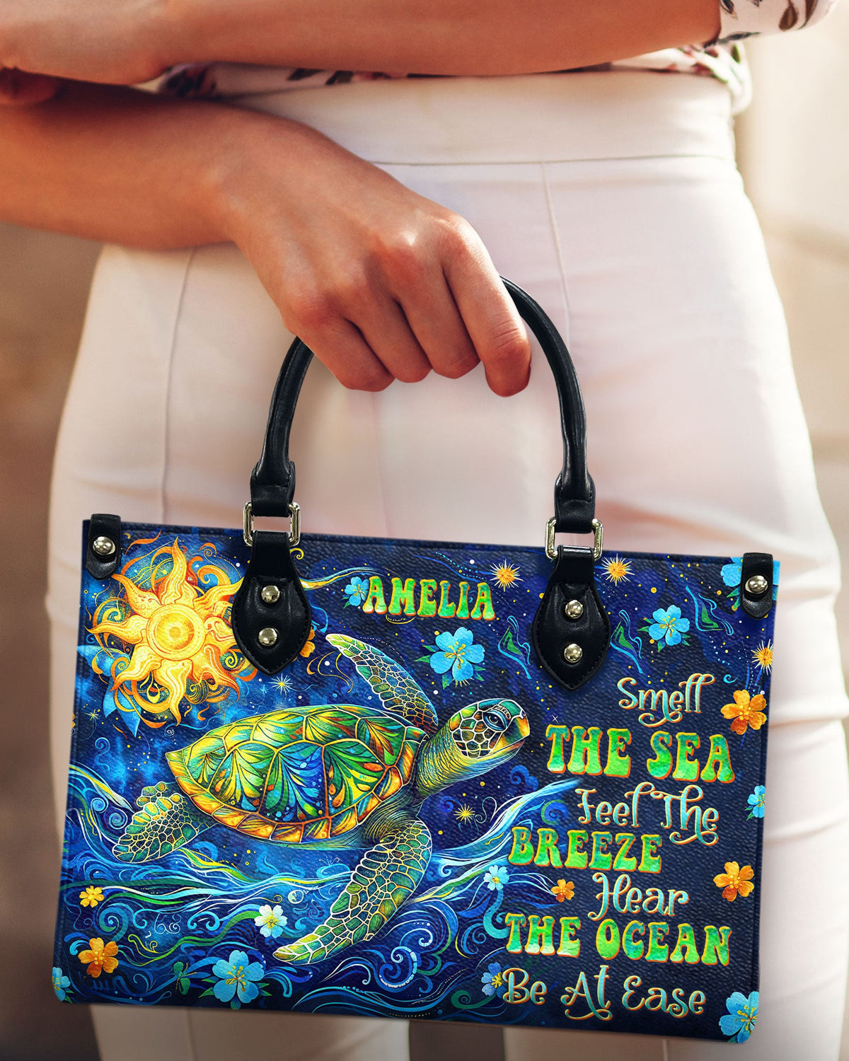 BLISSCORNERS SMELL THE SEA FEEL THE BREEZE TURTLE  LEATHER HANDBAG