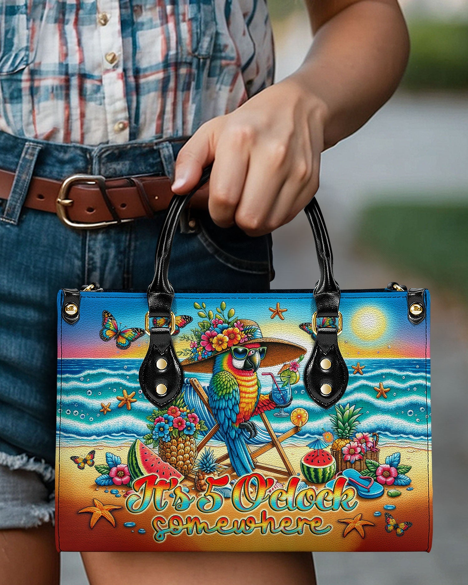 BLISSCORNERS IT'S 5 O'CLOCK SOMEWHERE PARROT LEATHER HANDBAG