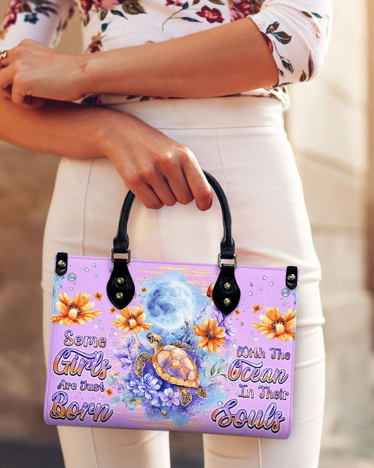 BLISSCORNERS SOME GIRLS ARE JUST BORN TURLTE WATERCOLOR LEATHER HANDBAG