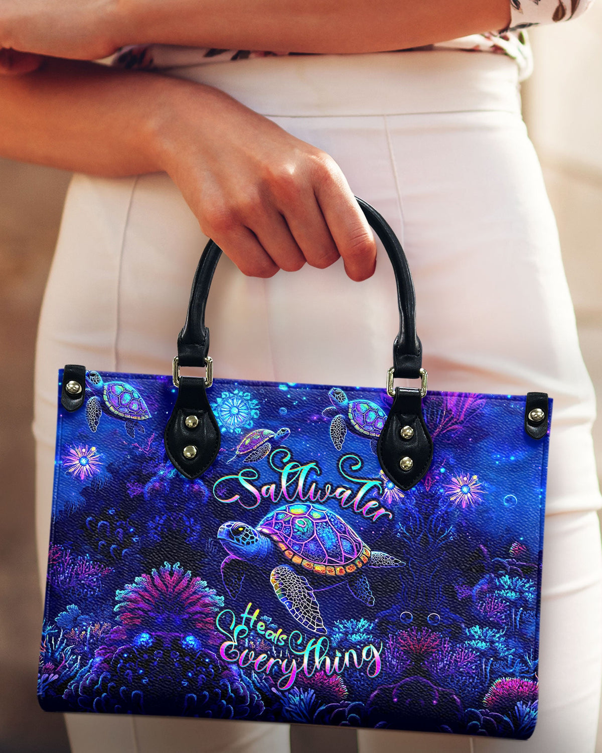 BLISSCORNERS SALTWATER HEALS EVERYTHING TURTLE LEATHER HANDBAG