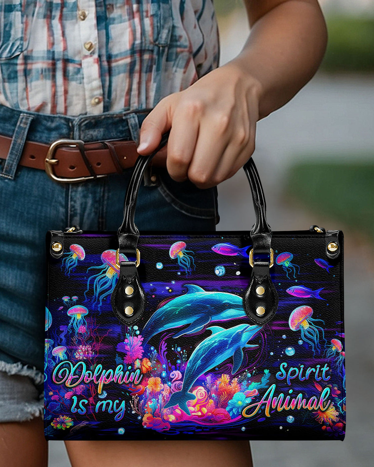 BLISSCORNERS DOLPHIN IS MY SPIRIT ANIMAL LEATHER HANDBAG