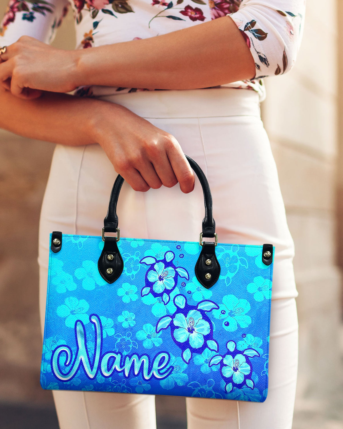 BLISSCORNERS SEA TURTLE HIBISCUS ART LEATHER HANDBAG