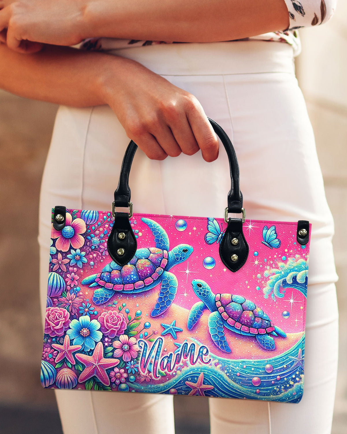 BLISSCORNERS TURTLE ON BEACH LEATHER HANDBAG