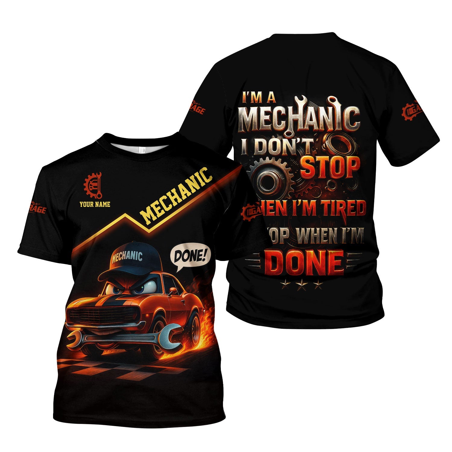 Blisscorners Personalized T-Shirt I'm A Mechanic I Don't Stop When I'm Tired I Stop When I'm Done Funny Car Design Shirt for Mechanics