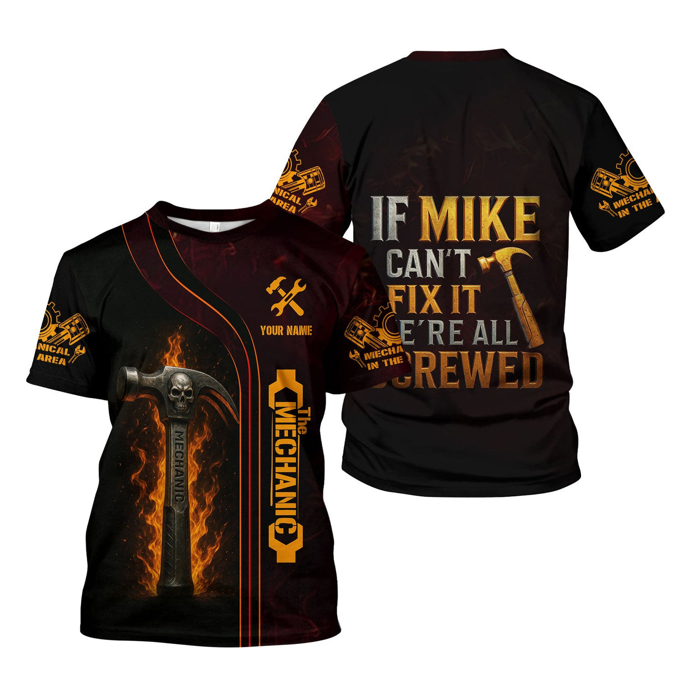 Blisscorners Personalized T-Shirt If Mike Can't Fix It We're All Screwed Hammer Skull Design Shirt for Mechanics