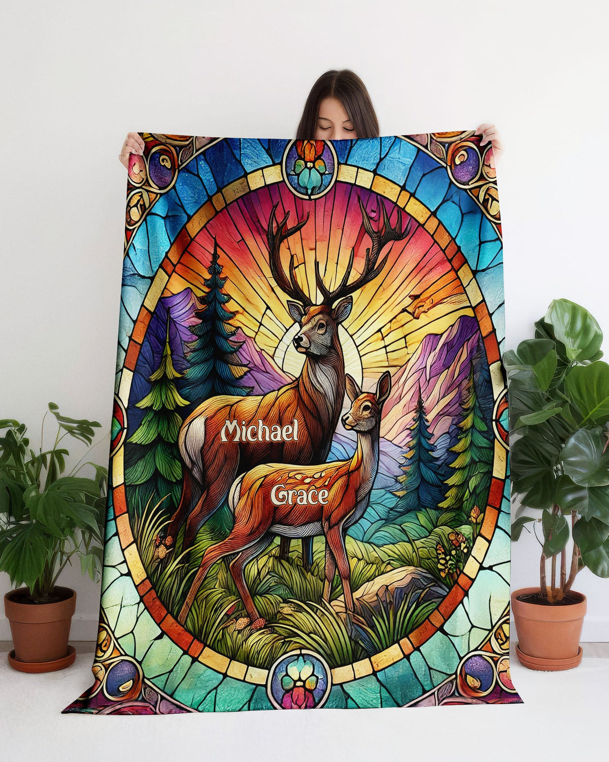 BLISSCORNERS PERSONALIZED DEER COUPLE FLEECE BLANKET