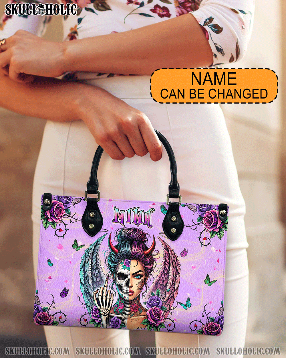 BLISSCORNERS SKULL LADY WITH WINGS SKULL LEATHER HANDBAG