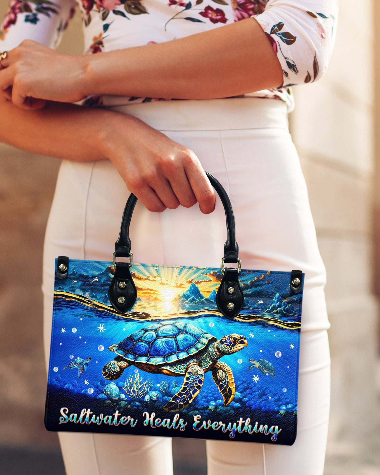 BLISSCORNERS SALTWATER HEALS EVERYTHING TURTLE LEATHER HANDBAG