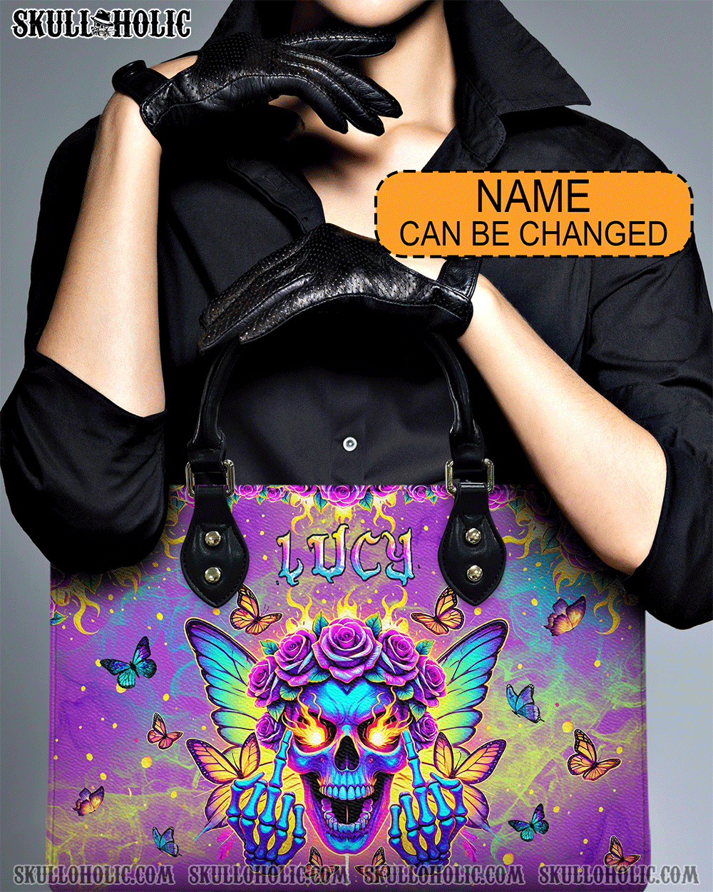 BLISSCORNERS SKULL BUTTERFLY ART LEATHER HANDBAG