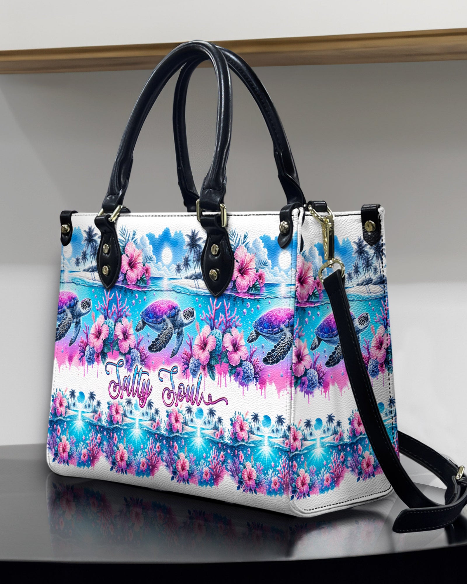 BLISSCORNERS SALTY SOUL FLOWER TURTLE LEATHER HANDBAG