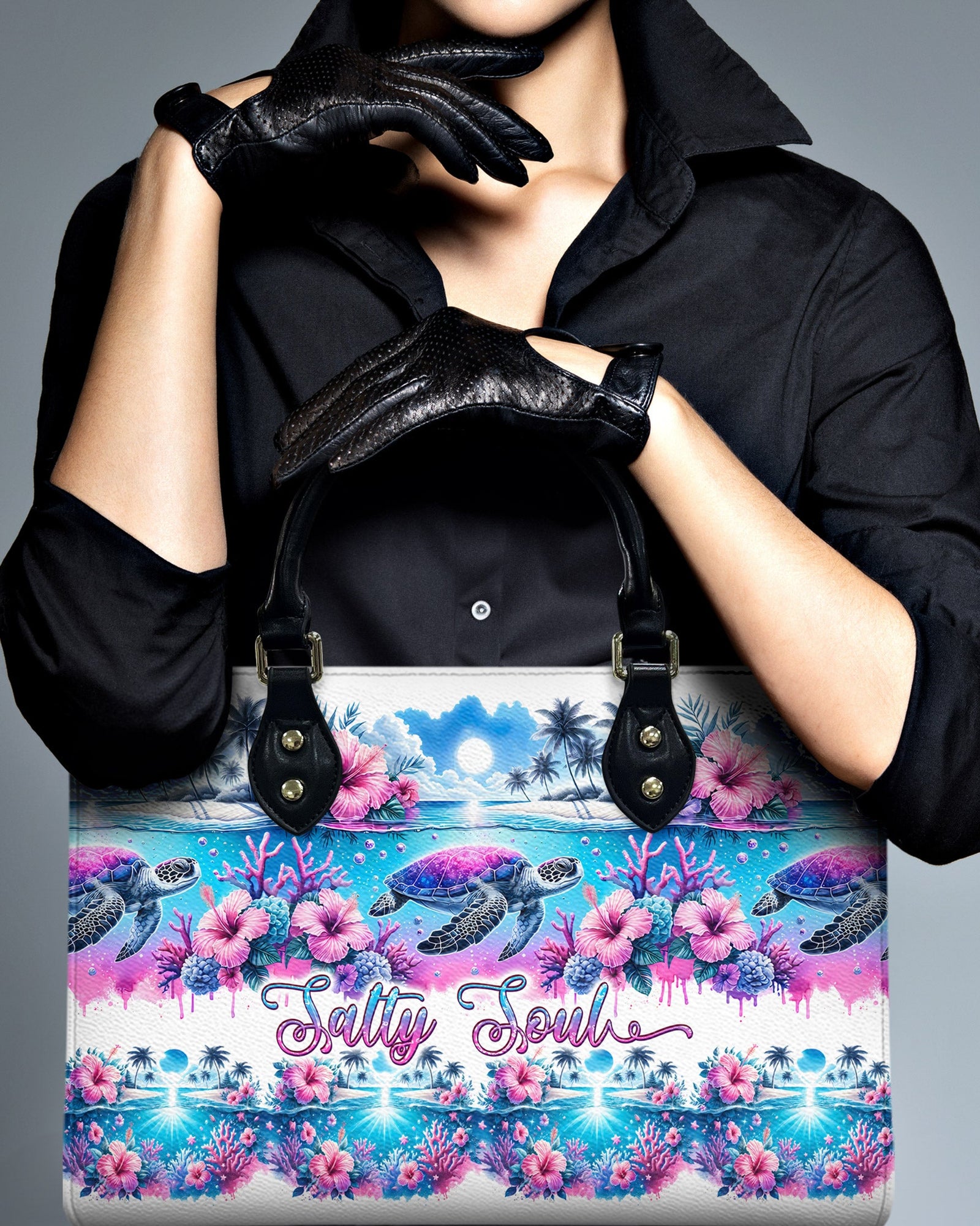 BLISSCORNERS SALTY SOUL FLOWER TURTLE LEATHER HANDBAG