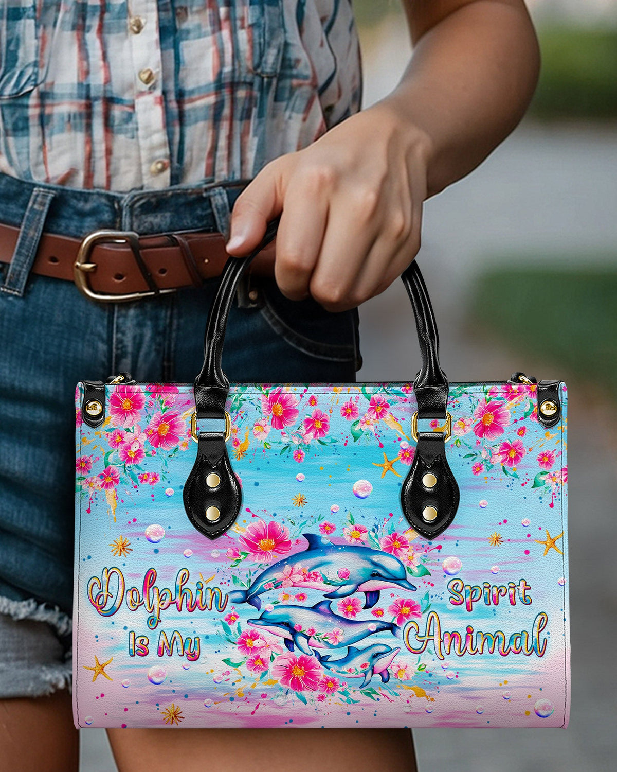BLISSCORNERS DOLPHIN IS MY SPIRIT ANIMAL LEATHER HANDBAG