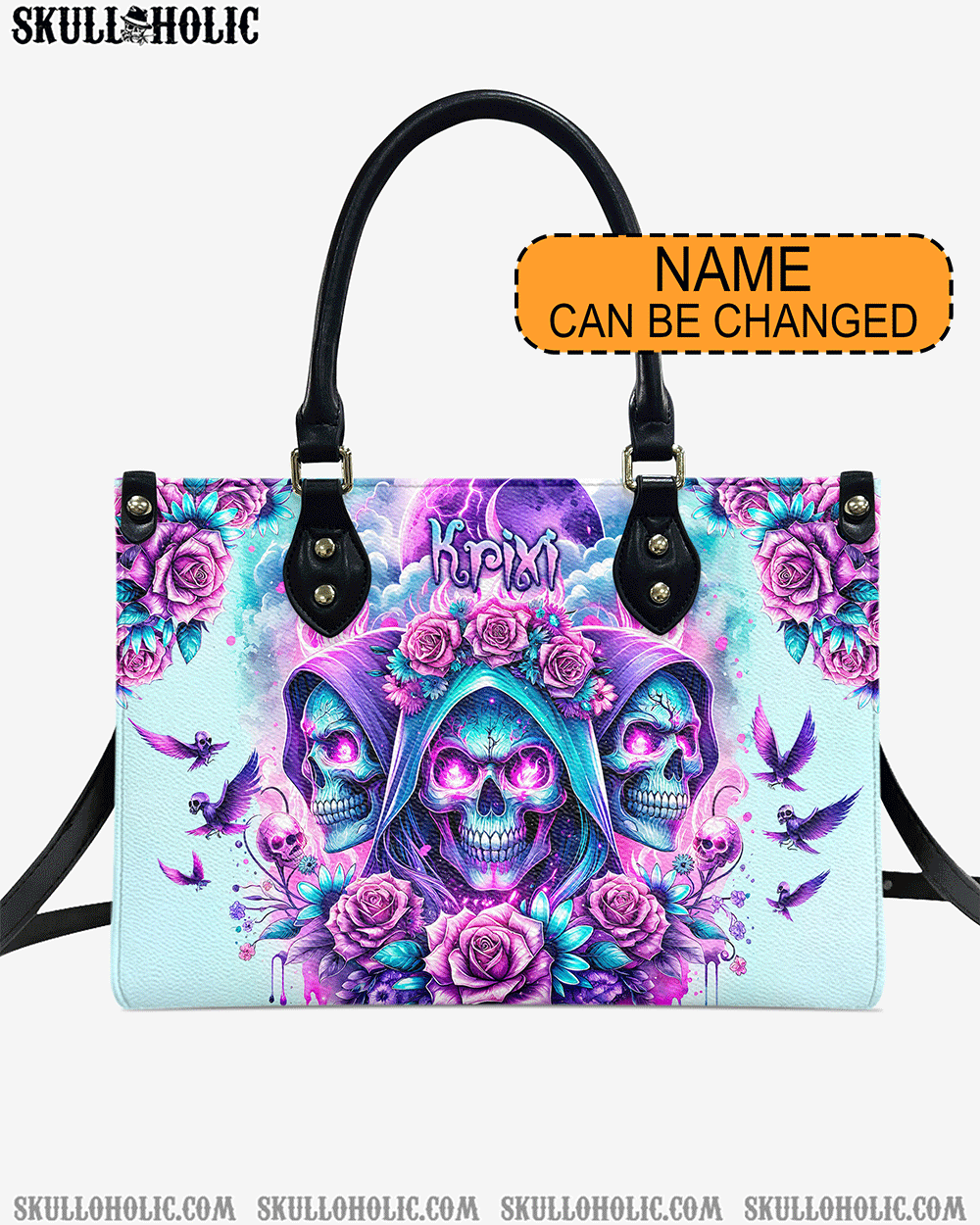 BLISSCORNERS THREE SKULL REAPER ROSES LEATHER HANDBAG