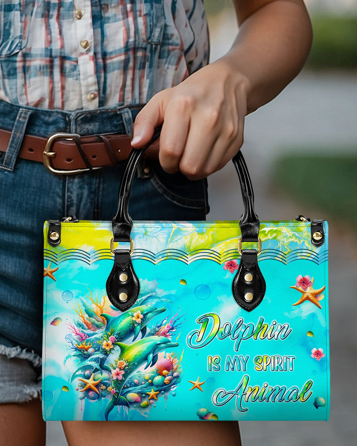 BLISSCORNERS DOLPHIN IS MY SPIRIT ANIMAL LEATHER HANDBAG