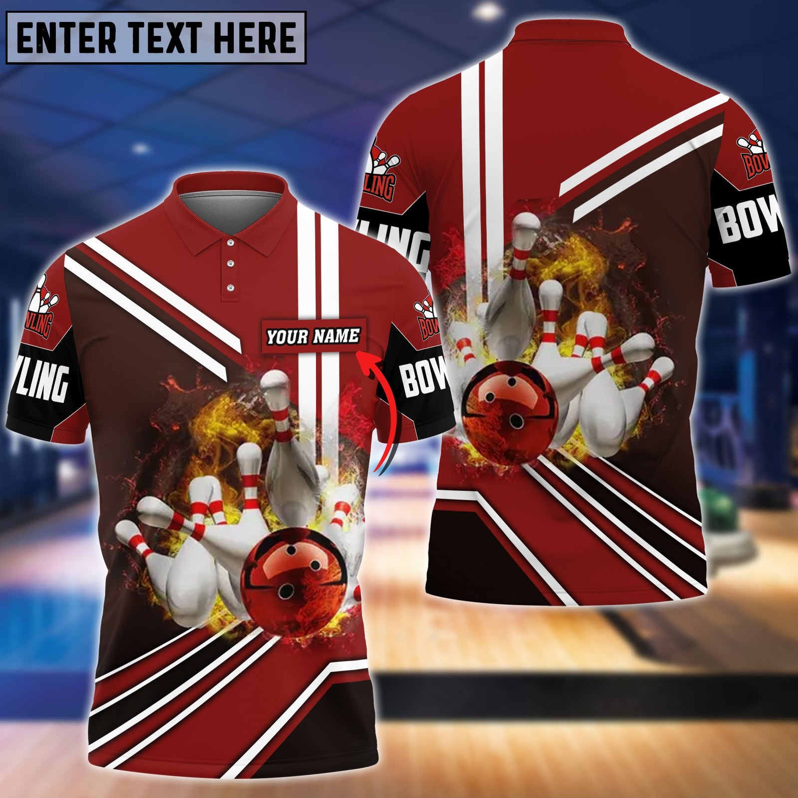 Blisscorners Red Bowling Ball On Fire Crashing Pins Personalized Name 3D Shirt