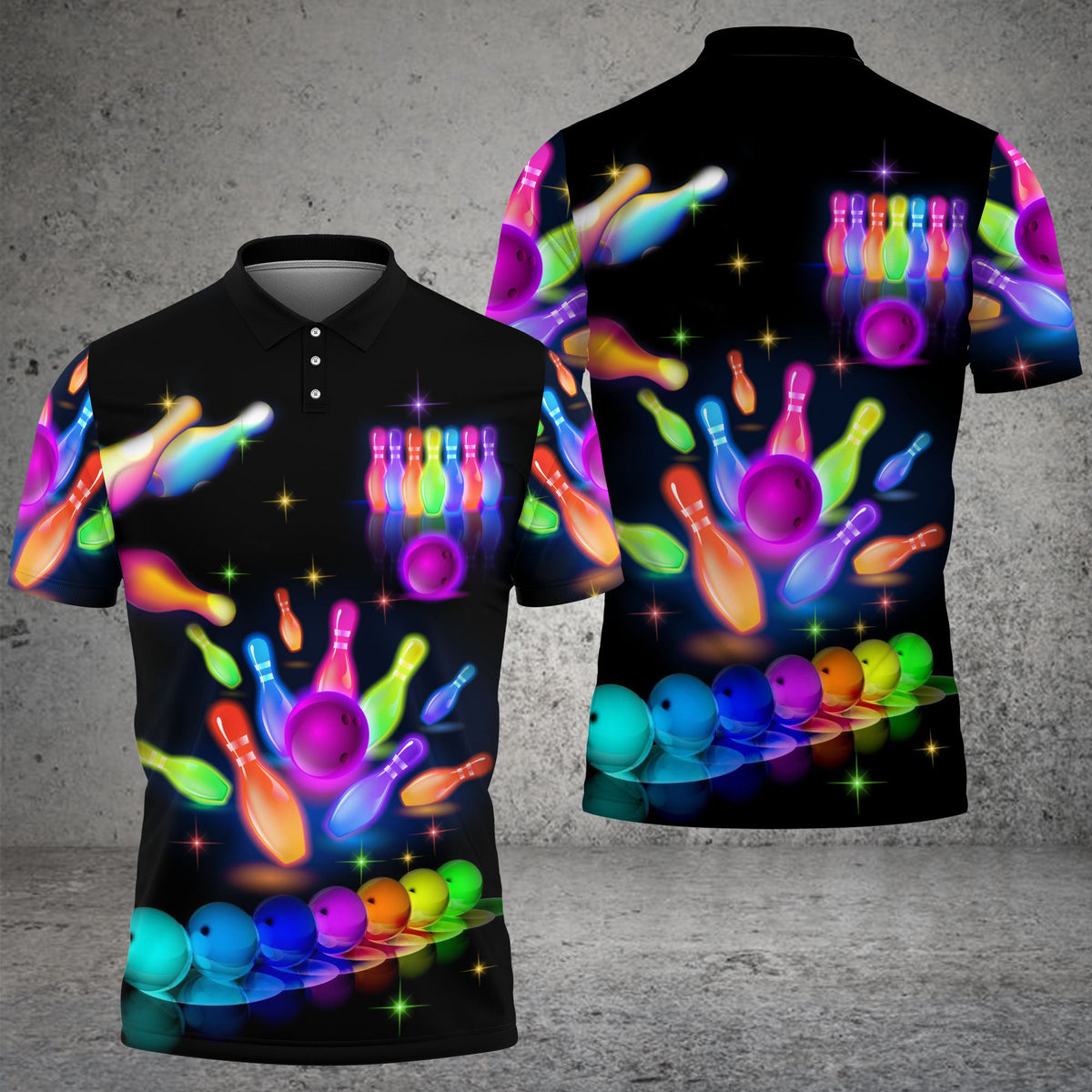 Blisscorners Bowling Party Neon with Purple Balls and White Pins on the Bright Pink 3D Shirt