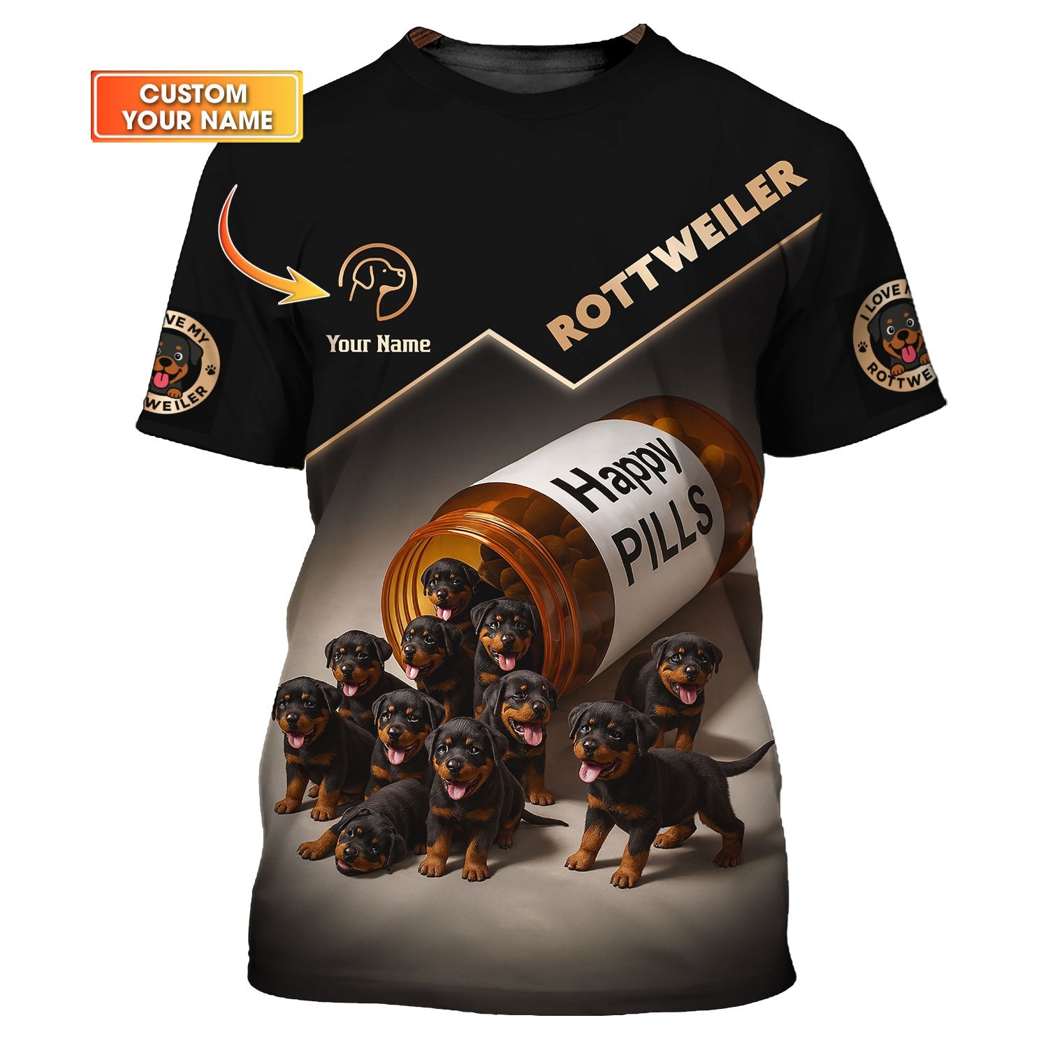 Blisscorners Personalized Rottweiler Puppies Happy Pills AOP T-Shirt