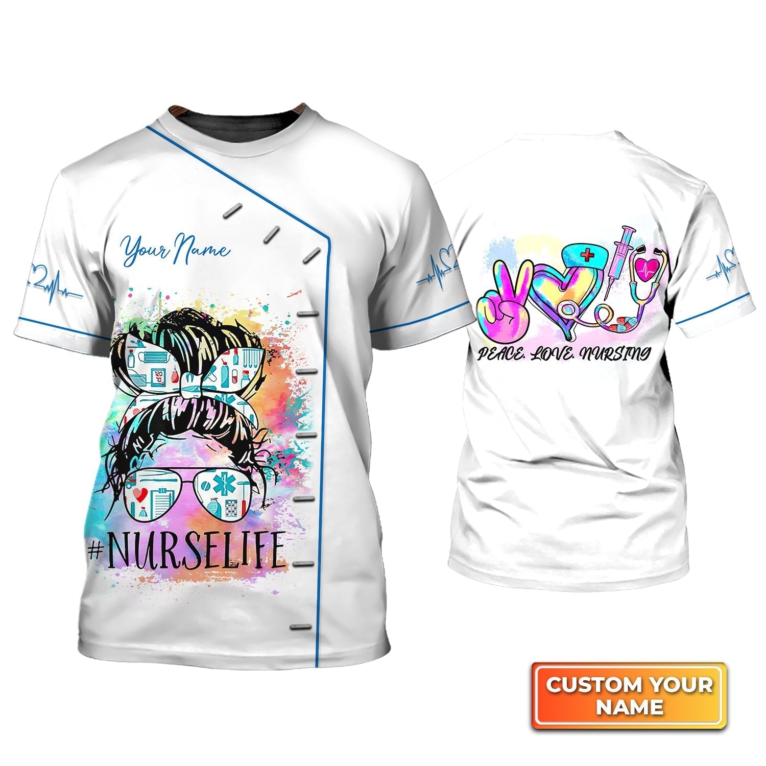 Blisscorners Custom 3D Nurse Shirt Peace Love Women Nursing Nurse Life Watercolor Shirts