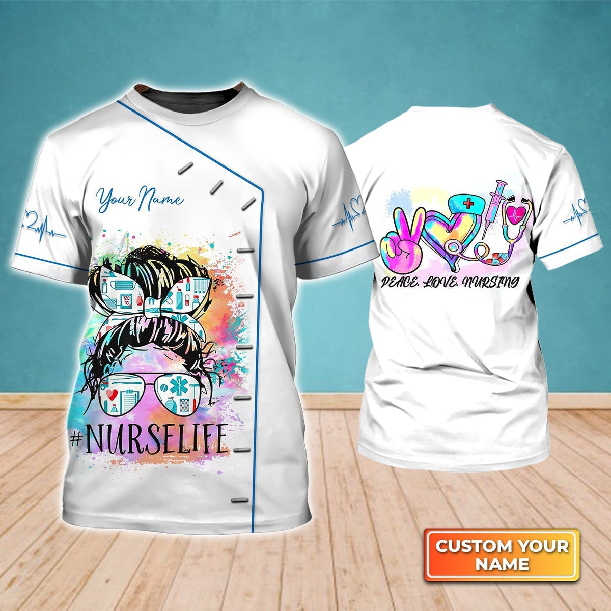 Blisscorners Personalized 3D Registered Nurse T Shirt Peace Love Nursing Nurse Life Watercolor Tee 3D