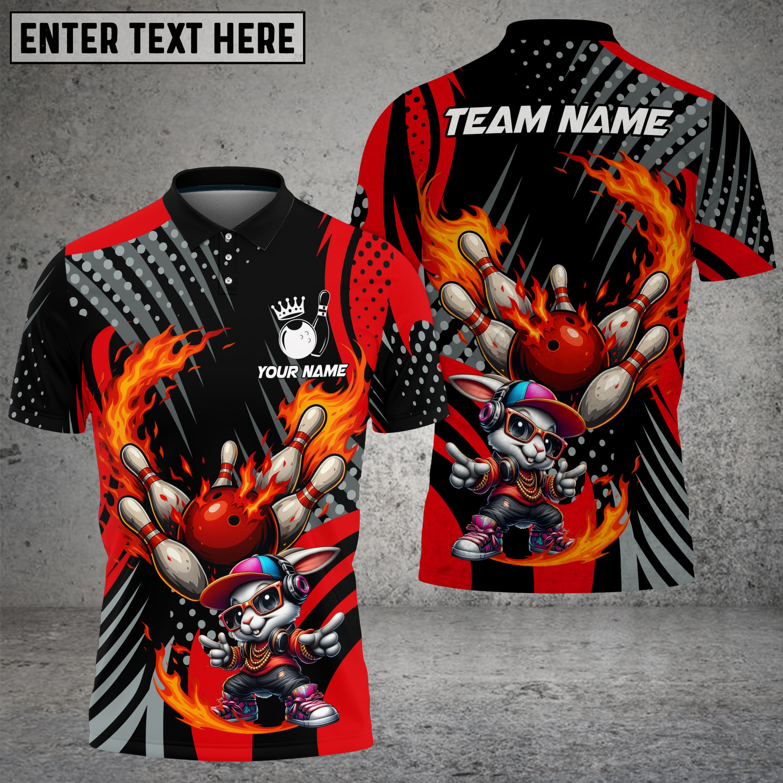 Blisscorners Bowling Bunny Mascot Fire Strike Red Flame Pins Multicolor Options Personalized Name, Team Name 3D Shirt (4 Colors)