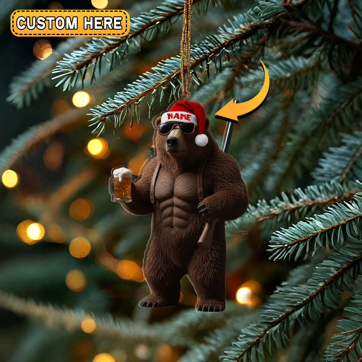 Blisscorners Deer Hunter Muscle Santa Hat Beer Mug Personalized Name Christmas Ornament