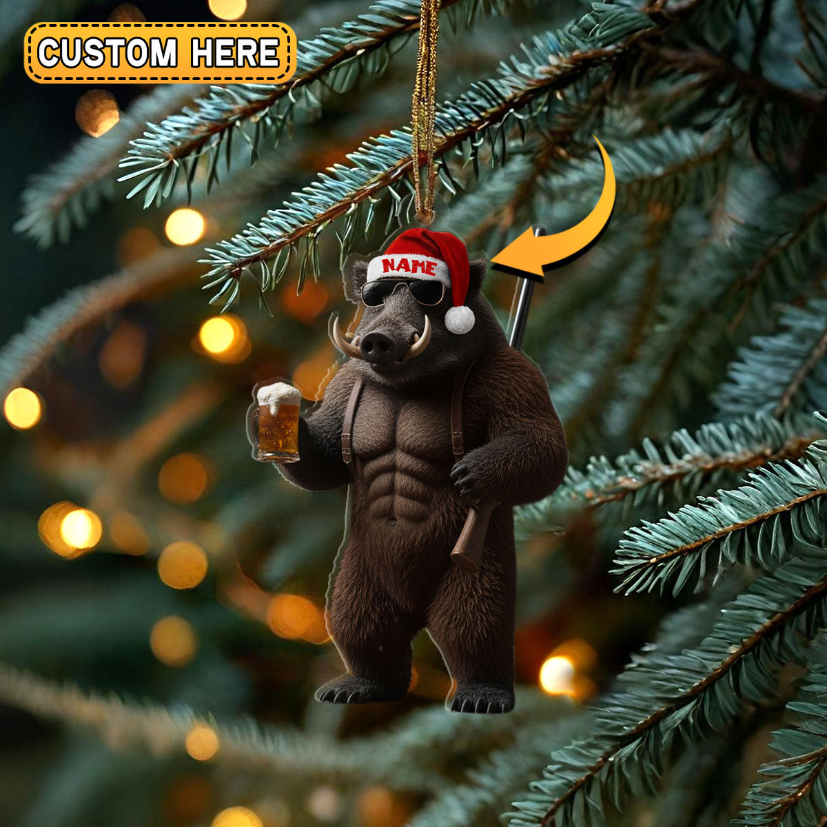 Blisscorners Deer Hunter Muscle Santa Hat Beer Mug Personalized Name Christmas Ornament