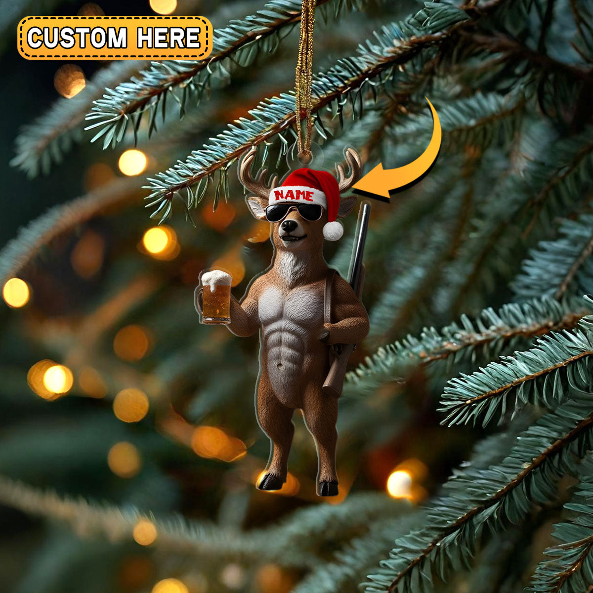 Blisscorners Deer Hunter Muscle Santa Hat Beer Mug Personalized Name Christmas Ornament