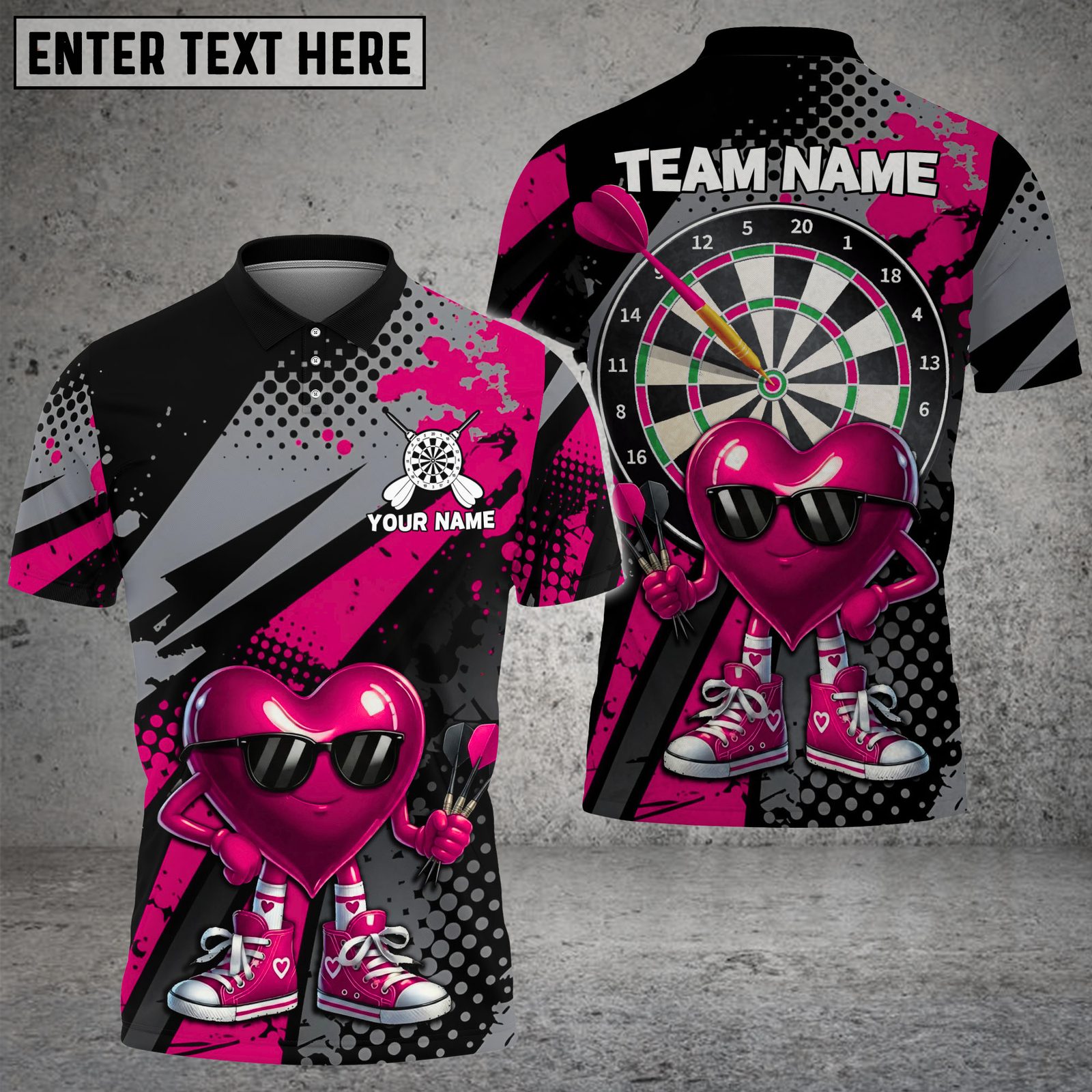 Blisscorners Darts Shirt Cool Heart Character Sunglasses Dartboard Style Multicolor Options Personalized Name, Team Name 3D Shirt (4 Colors)