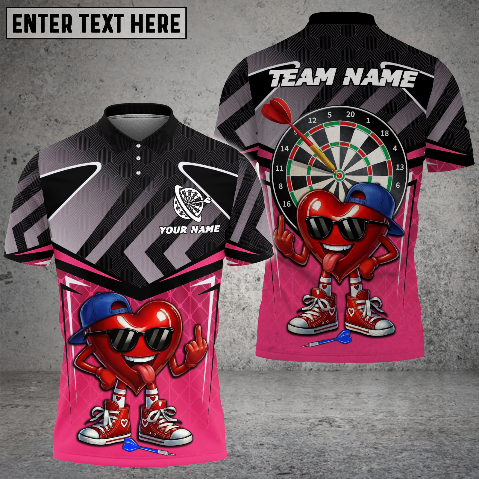 Blisscorners Darts Shirt Heart Mascot Hip Hop Dartboard Graphic Multicolor Options Personalized Name, Team Name 3D Shirt (4 Colors)