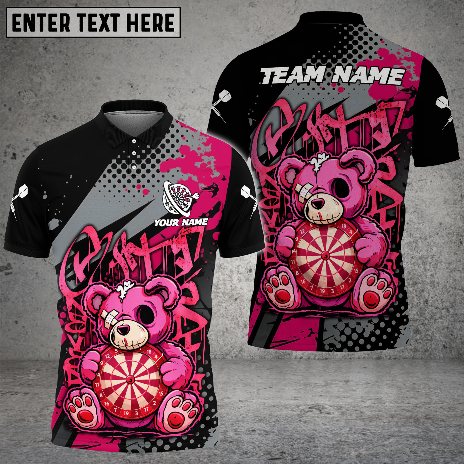 Blisscorners Darts Shirt Pink Graffiti Teddy Bear Dartboard Art Multicolor Options Personalized Name, Team Name 3D Shirt (4 Colors)