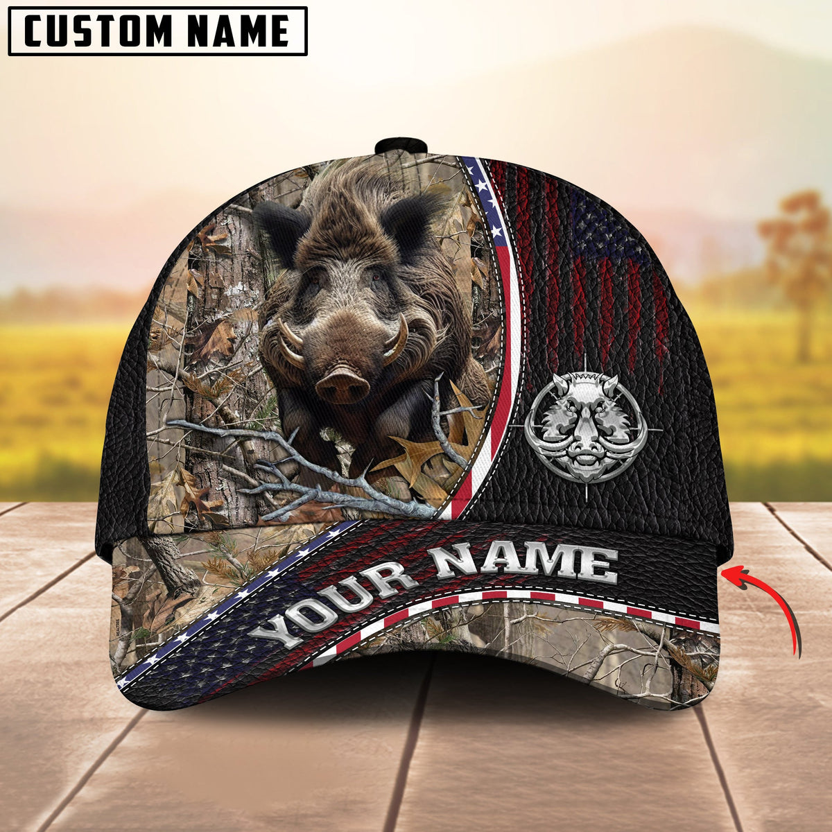Blisscorners Deer Hunting Realistic Buck Head American Flag Leather Accent Personalized Name 3D Cap (6 Options)