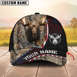 Blisscorners Deer Hunting Realistic Buck Head American Flag Leather Accent Personalized Name 3D Cap (6 Options)