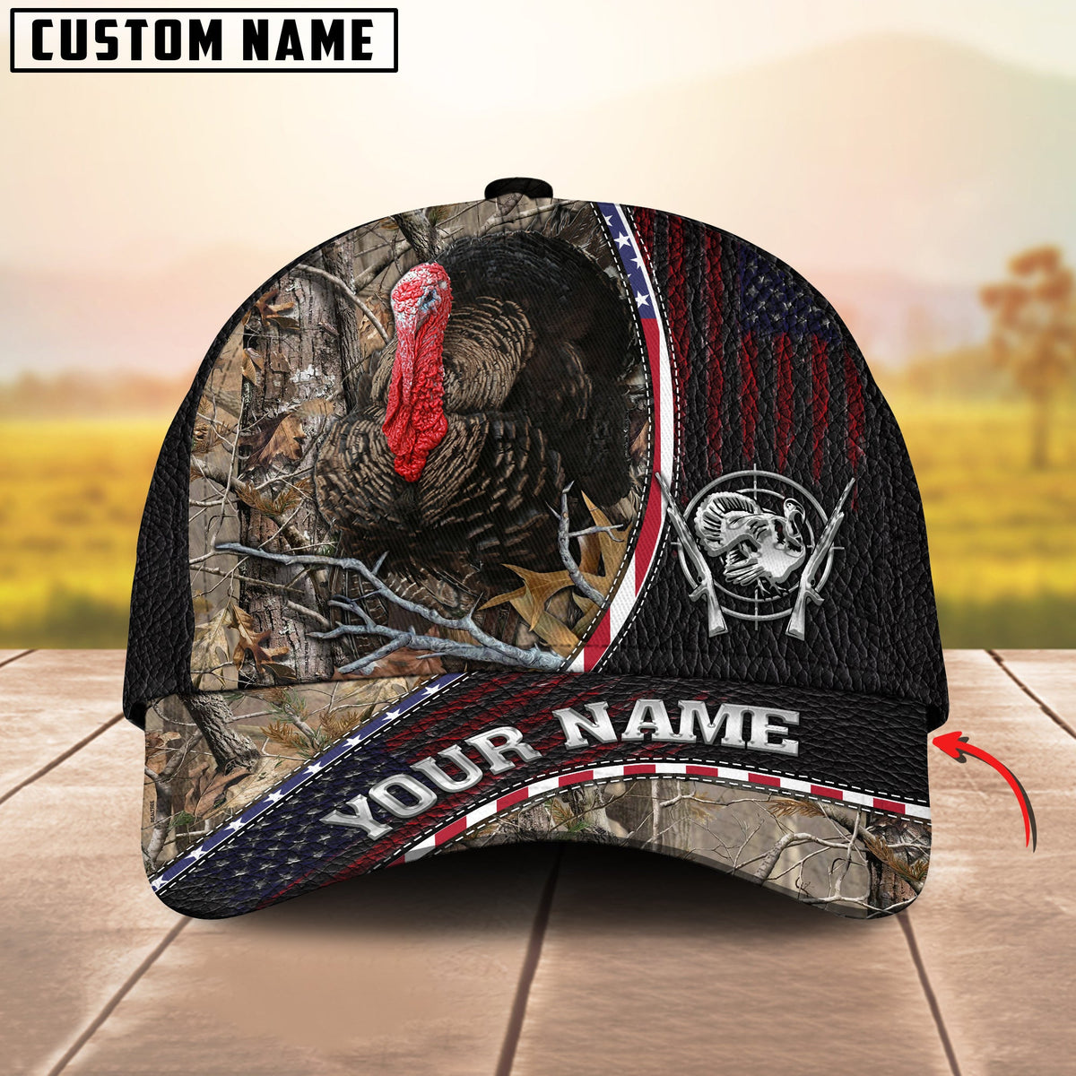 Blisscorners Deer Hunting Realistic Buck Head American Flag Leather Accent Personalized Name 3D Cap (6 Options)