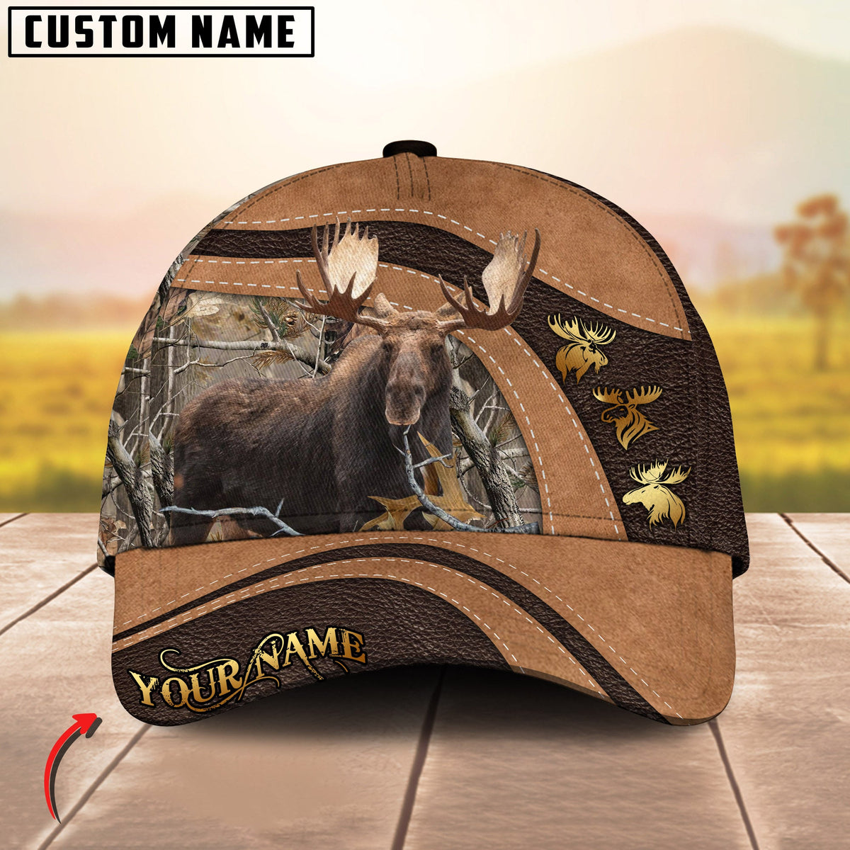Blisscorners Golden Deer Hunting Realistic Buck Head Leather Pattern Personalized Name 3D Cap (6 Options)