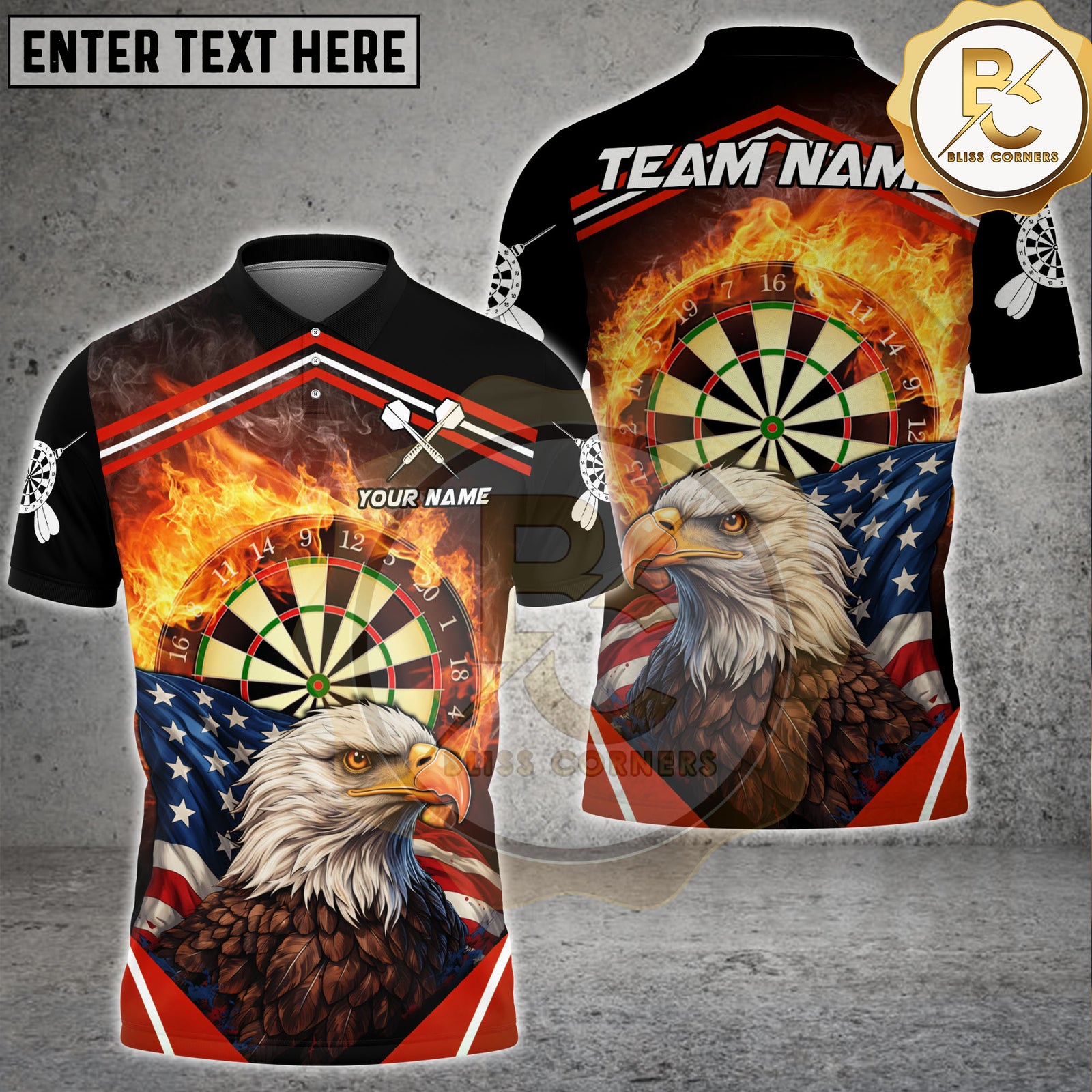 Blisscorners Patriotic Darts Flaming Dartboard Bald Eagle Portrait Multicolor Options Personalized Name, Team Name 3D Shirt (4 Colors)