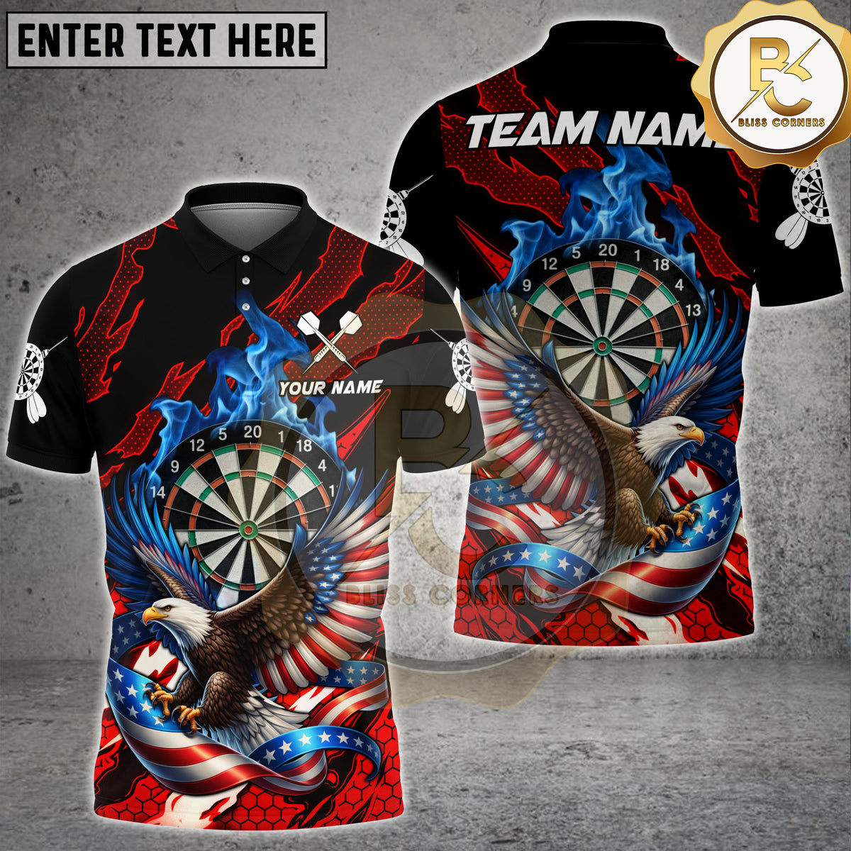Blisscorners Patriotic Darts Blue Flame Dartboard Soaring Eagle Ribbon Flag Personalized Name, Team Name 3D Shirt