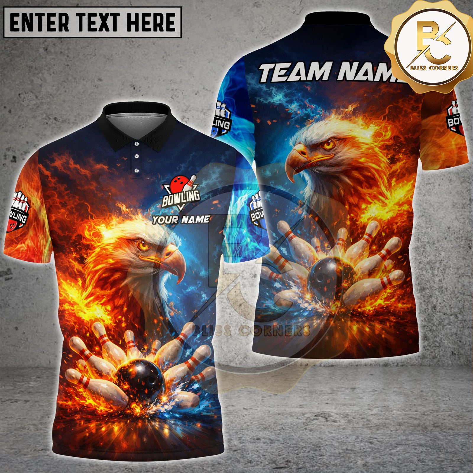 Blisscorners Bowling Fire & Ice Eagle Strike Explosion Personalized Name, Team Name 3D Shirt