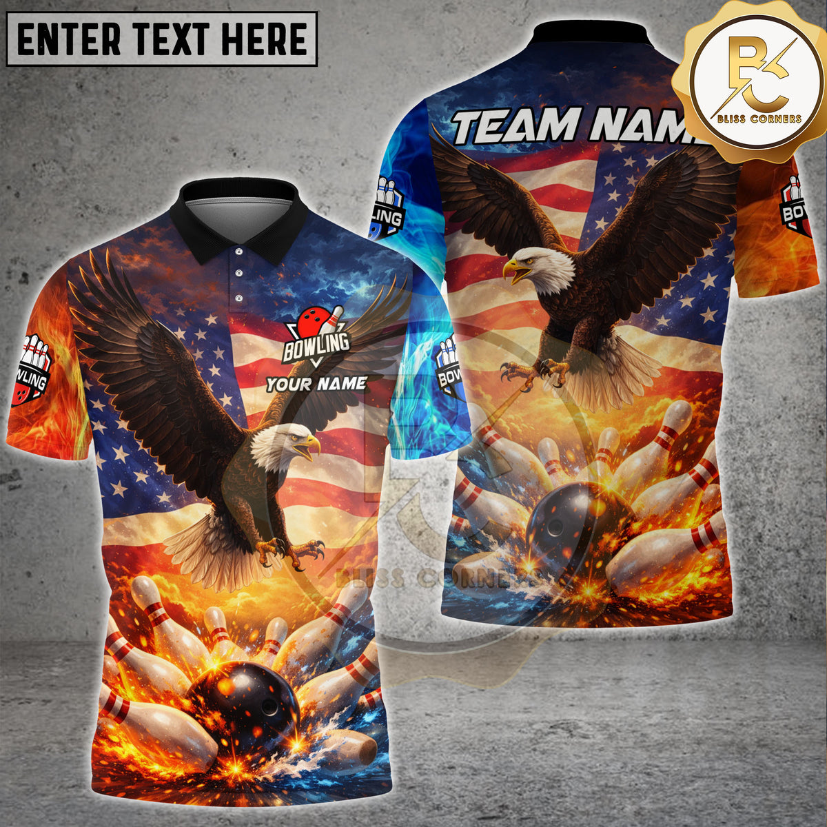 Blisscorners Bowling Patriotic Eagle US Flag Strike Impact Personalized Name, Team Name 3D Shirt