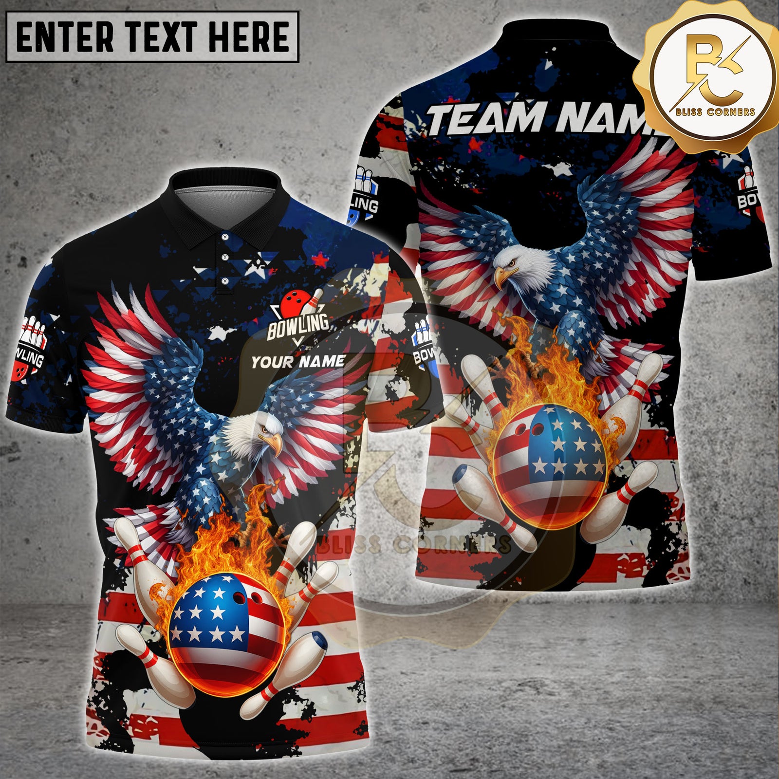 Blisscorners Bowling American Flag Wings Flaming Strike Ball Personalized Name, Team Name 3D Shirt