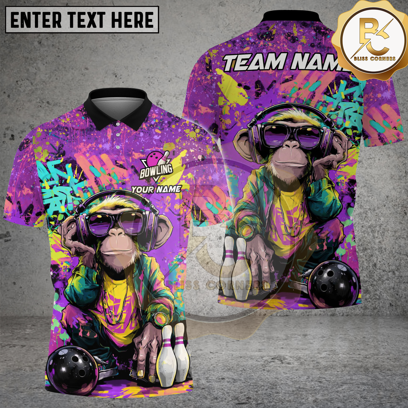 Blisscorners Bowling Graffiti Monkey Street Art Headphones Multicolor Options Personalized Name, Team Name 3D Shirt (4 Colors)