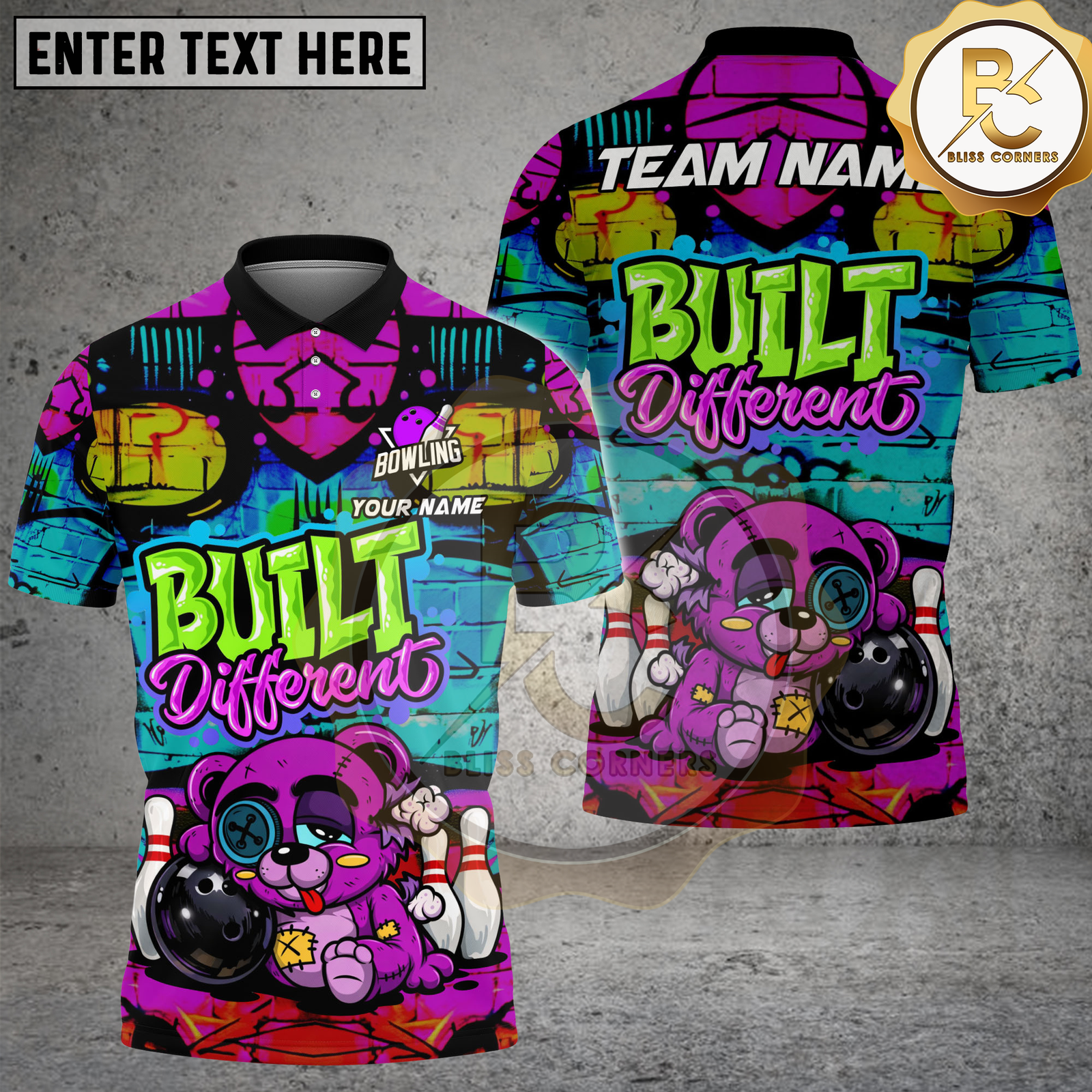 Blisscorners Bowling Built Different Graffiti Teddy Bear Multicolor Options Personalized Name, Team Name 3D Shirt (4 Colors)