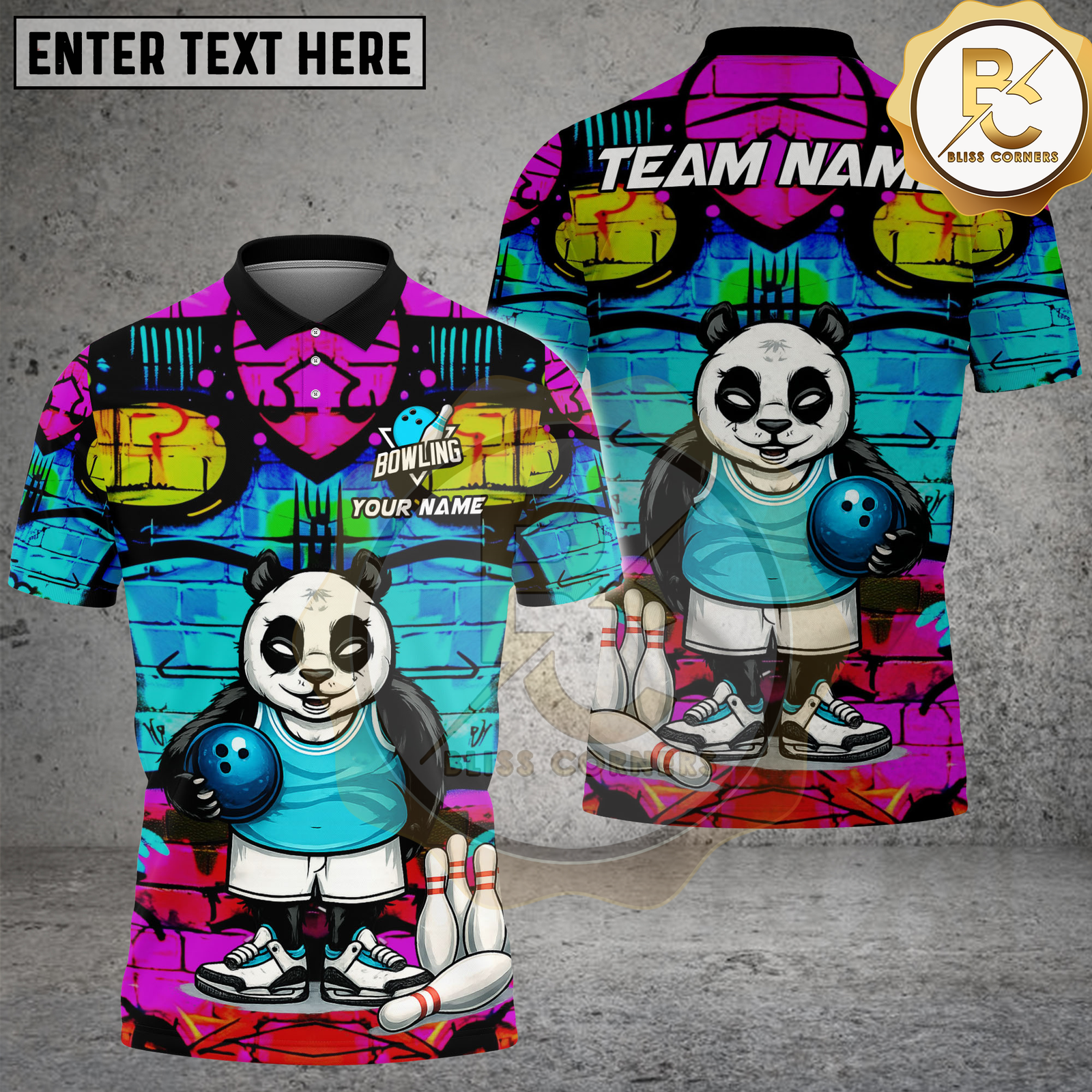Blisscorners Bowling Graffiti Panda Player Art Personalized Name, Team Name 3D Shirt