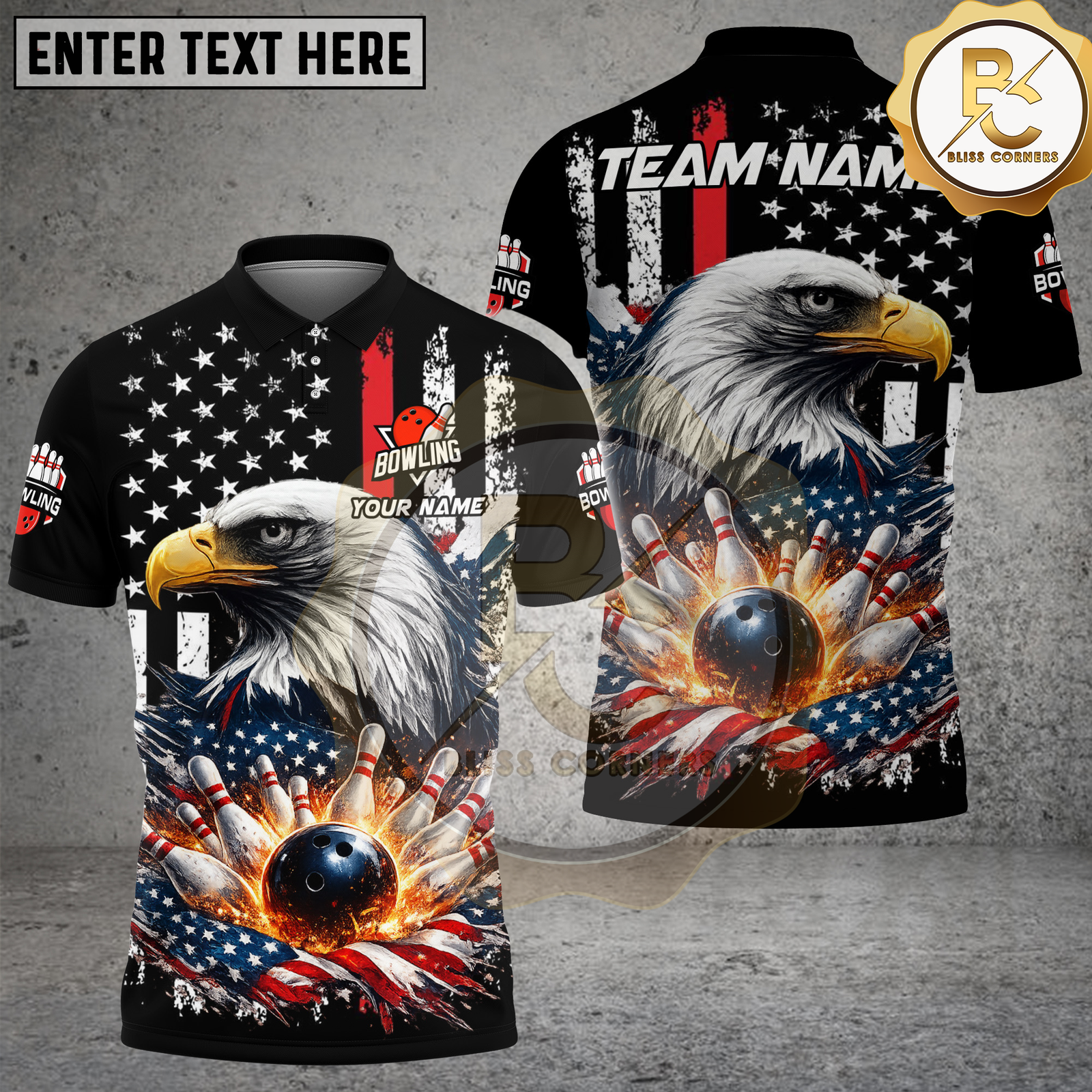 Blisscorners Bowling American Flag Eagle Strike Explosion Multicolor Options Personalized Name, Team Name 3D Shirt (4 Colors)